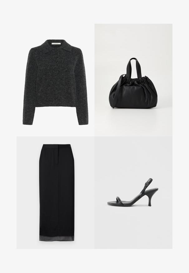 Tumehall villane sviiter klassikalise krae, pikkade varrukate ja viie nupuvajutusega, millel on pehme, tekstuuriga viimistlus.; Must longuette, mis on valmistatud siledast kangast. Omab sirget siluetti koos peene läbipaistva äärisega, kohandatud vöökoht ja tagumise lõhedega detail.; Mustad nahast kõrgete kontsadega sandaalid, millel on saledad, kõverad kontsad ja ristatud rihma disain. Reguleeritav pahkluu rihm. Sile tekstuur.; Mustmust mustkott mustrihmaga ülaosa disainiga, millel on kaks lühikest käepidet ja pikk reguleeritav rihm. Sile tekstuur, ümar kuju.