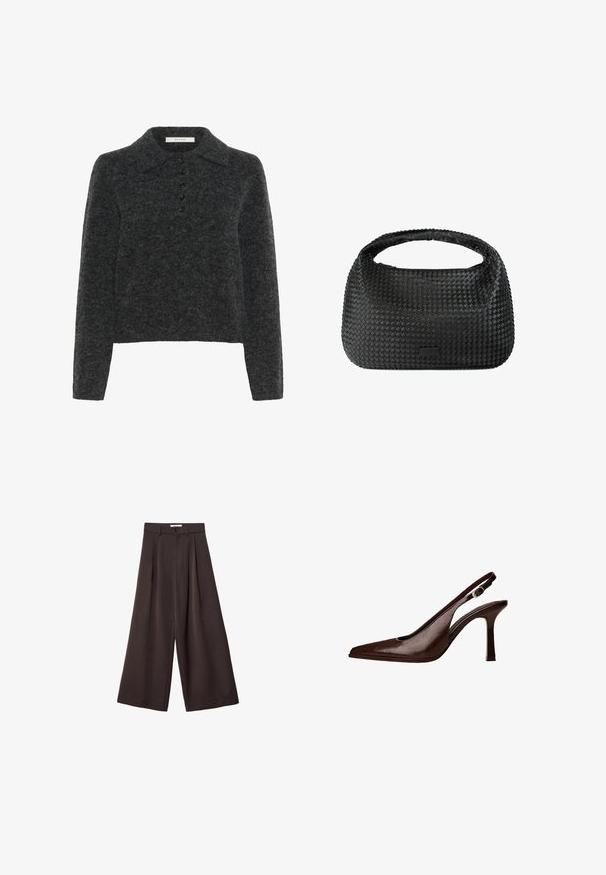 Dunkelgrauer Wollpullover mit klassischem Kragen, langen Ärmeln und einer Knopfleiste mit fünf Knöpfen, ausgestattet mit einer weichen, strukturierten Oberfläche.; Schwarze, weit geschnittene Hose mit hoher Taille, ausgestattet mit vorderen Falten und einem Knopfverschluss an der Taille, aus glattem Stoff gefertigt.; Braune Leder-Slingback-Pumps mit spitzer Zehenform und dünnem Absatz. Sie verfügen über eine kleine Akzent-Schnalle am Riemen und eine glänzende Oberfläche.; Schwarze gewebte Handtasche mit runder Form, strukturiertem Oberflächenfinish und einem einzigen oberen Griff. Verfügt über ein elegantes, minimalistisches Design ohne sichtbare Beschläge.