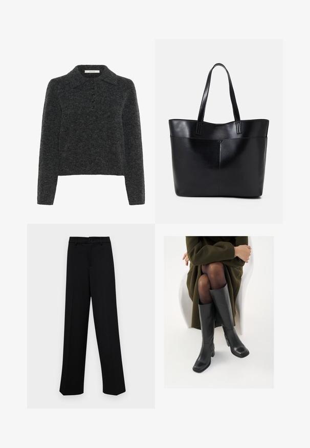 Sötétszürke gyapjú pulóver klasszikus gallérral, hosszú ujjakkal és öt gombra gombolt zárással, puha, texturált felülettel.; Fekete, széles szárú nadrág sima anyagból, klasszikus derékrésszel, gombzárral és elülső redőkkel.; Térdfelett érő fekete bőr csizmák négyzet alakú orral és tömbtalppal, olajzöld kabátban ülő modellel bemutatva. Simaság, minimalista részletezés.; Fekete bőr bevásárlótáska két hosszú fogantyúval, sima felülettel és strukturált formával. Elülső zseb található rajta a plusz tárolás érdekében.