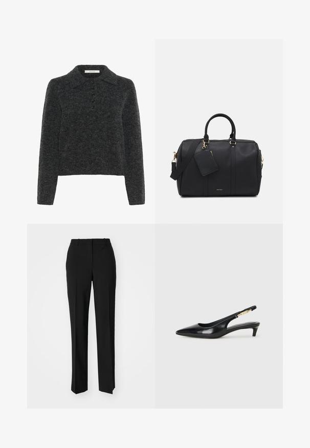 Pulôver de lã cinza escuro com colarinho clássico, mangas longas e uma pala com cinco botões, apresentando um acabamento macio e texturizado.; Calças pretas de corte ajustado com um design de perna reta, apresentando uma textura lisa e pregas bem definidas na frente. Sem hardware visível.; Saltos slingback em couro preto com bico fino, apresentando um salto esguio e um detalhe em tom dourado na alça ajustável. Textura suave.; Mala de desporto em imitação de pele preta com pormenores em dourado, alças duplas superiores, alça de ombro ajustável e um bolso para etiqueta removível.