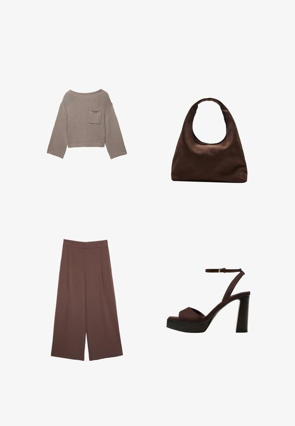 Taupe gestrickter kurzer Pullover mit langen Ärmeln, weiter Ausschnitt und kleiner Brusttasche auf einem weißen Hintergrund.; Braune Weite-Leg-Hosen mit einer glatten Textur, hoher Taille und Vorderfalten. Der Stoff ist leicht und fällt locker.; Braune Wildleder-Pumps mit offenem Zeh, verstellbarem Knöchelriemen und gestreiftem Plateausohlen.; Weiche braune Hobo-Stil Handtasche mit einem einzigen breiten Trageriemen und einer geschwungenen Oberteilöffnung, auf einem weißen Hintergrund präsentiert.