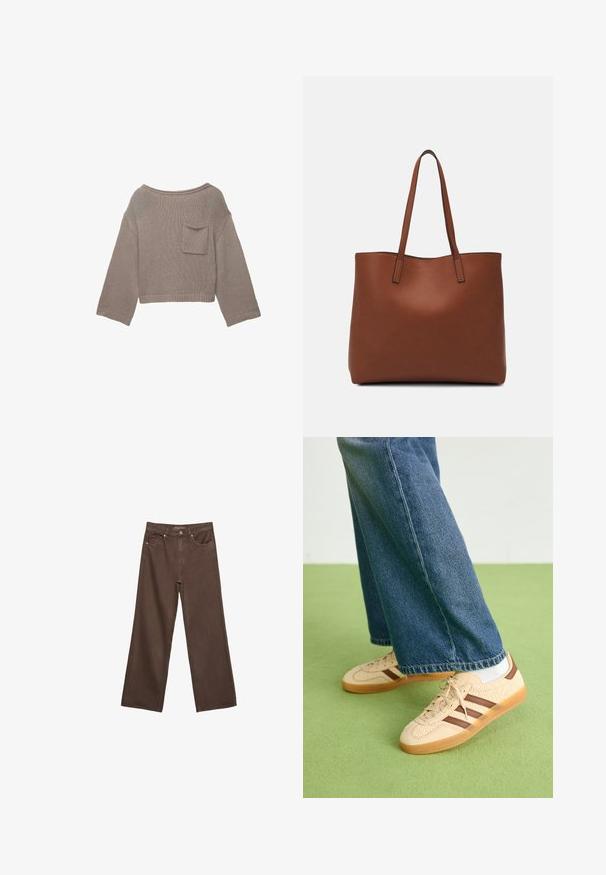 Taupe gestrickter kurzer Pullover mit langen Ärmeln, weiter Ausschnitt und kleiner Brusttasche auf einem weißen Hintergrund.; Weite braune Jeans aus Denim, mit hoher Taille, Fronttaschen und klassischem Knopfverschluss. Glatte Textur mit feinen Nähten.; Beige Sneakers mit strukturierten cremefarbenen Paneelen und braunen Streifen, kombiniert mit blauen Jeans. Die Jeans haben einen weiten Beinschnitt und einen fransigen Saum.; Braune Leder-Tote mit glatter Textur, offenem Oberteil und zwei Schulterriemen. Verfügt über minimale Nähte und keine sichtbaren Beschläge.
