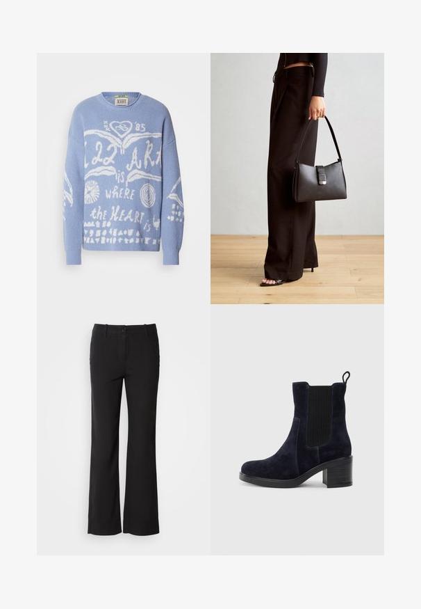Világoskék, kötött anyagból készült pulóver. Elülső részén fehér grafikai szöveg és minták találhatók, beleértve a szív és kör formákat. Kerek nyakkivágás.; Fekete pamut keverék nadrág egyenes szárú dizájnnal, elülső gombos záródással és két oldalsó zsebbel. Simára kialakított textúra, nincs látható minta.; Sötétkék velúr bokacsizma elasztikus oldalpanellel, kerek orral és tömbsarkal. A texturált szövet és a sima talp kontrasztot ad.; Fekete kézi táska strukturált formával, sima textúrával és fémből készült záródással. Széles fekete nadrággal és nyitott orrú szandállal párosítva, fából készült padlón.