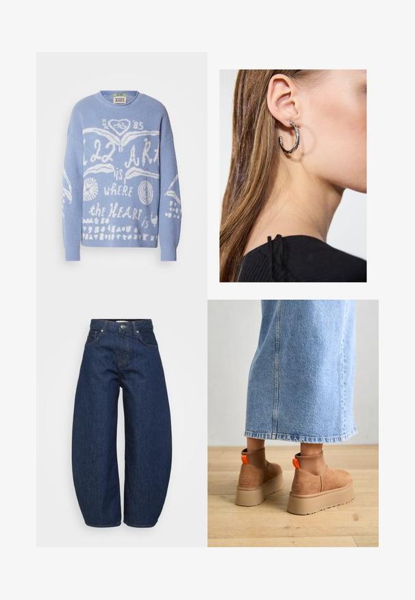 Light blue sweater made of knit fabric. Features white graphic text and designs, including hearts and circles, on the front. Round neckline.; Dark blue denim jeans with a wide, relaxed fit. Features a zip fly, four pockets, and contrasting stitching along seams.; Brown suede platform boots with elastic side panels and orange pull tabs, paired with a knee-length light denim skirt on a wooden floor.; Silver hoop earring with a polished finish, featuring small gold accent details and a round shape, worn on the lobe.