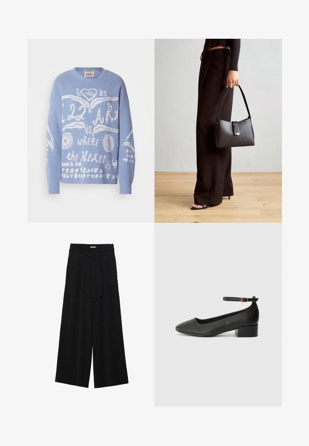 Lichtblauwe trui van gebreide stof. Kenmerkend zijn de witte grafische tekst en ontwerpen, waaronder harten en cirkels, op de voorkant. Ronde halslijn.; Zwarte wijde broek van textuurstof, met een elastische tailleband en een afneembare sjaalstrik in de taille voor een verstelbare pasvorm.; Zwarte leren pump met een spitse neus en een lage blokhak. Beschikt over een enkelband met een goudkleurige gespsluiting. Gladde textuur.; Zwarte handtas met gestructureerde vorm, gladde textuur en een metalen sluiting. Gecombineerd met brede zwarte broeken en sandalen met open teen op een houten vloer.
