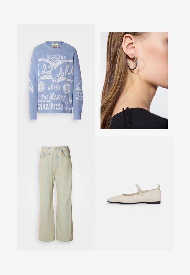 Pulover de culoare bleu deschis, confecționat dintr-un material tricotat. Caracteristici: text și desene grafice albe, inclusiv inimi și cercuri, pe partea din față. Gât rotund.; Jeans largi de culoare albastru deschis, confecționați din denim, cu talie înaltă, cinci buzunare și o ușoară decolorare, accentuată de cusături în contrast.; Baletă din piele albă, cu vârf ascuțit, cataramă pe lateral și toc mic negru. Textură netedă și design minimalist.; Cercel din argint cu un finisaj polișat, având detalii mici din aur și o formă rotundă, purtat pe lobul urechii.