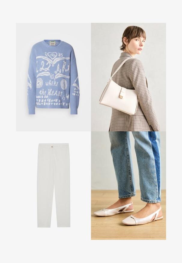 Hellblaues Sweatshirt aus Strickstoff. Mit weißem grafischem Text und Designs, einschließlich Herzen und Kreisen, auf der Vorderseite. Runder Ausschnitt.; Weisse, maßgeschneiderte Hosen mit geradem Bein, die über einen Knopfverschluss, Gürtelschlaufen und Seitentaschen verfügen; glatte Stoffoberfläche.; Blassrosa Slingback-Ballerinas mit spitzem Punkt, aus einem glatten, lederähnlichen Material. Mit Ausschnitten an den Seiten und einem flachen Absatz.; Weiße Lederhandtasche mit strukturiertem Design, ausgestattet mit einem Magnetverschluss und einem Schulterriemen, präsentiert vor einem neutralen Hintergrund.