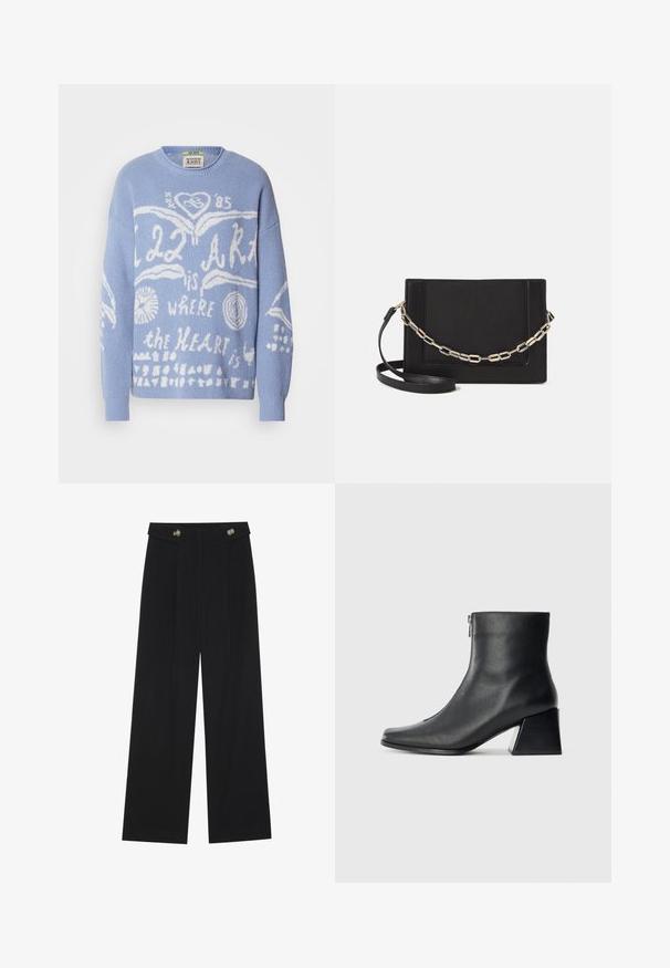 Hellblaues Sweatshirt aus Strickstoff. Mit weißem grafischem Text und Designs, einschließlich Herzen und Kreisen, auf der Vorderseite. Runder Ausschnitt.; Schwarze weite Hosen mit hoher Taille, Knopfdetails am Bund und vorderen Falten.; Schwarze Lederstiefelette mit quadrater Zehenform, seitlichem Reißverschluss und Blockabsatz vor einem schlichten hellen Hintergrund.; Schwarze Leder-Crossbody-Tasche mit glatter Textur, rechteckiger Form und metallic-kettendetail auf der Vorderseite. Verstellbarer Gurt inklusive.