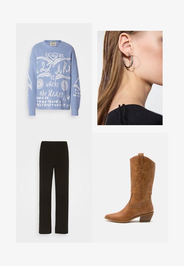 Vaaleansininen neulepaita, joka on valmistettu neuloksesta. Etupuolella on valkoista graafista tekstiä ja kuvioita, kuten sydämiä ja ympyröitä. Pyöreä pääntie.; Mustat, suorat housut, jotka on valmistettu kudotusta kankaasta. Housuissa on litteä etuosa, kaksi sivutaskua ja sileä pinta. Ei näkyviä kuvioita tai yksityiskohtia.; Ruskean nahkainen cowboy-saapas, jossa on terävä kärki, brodeeratut pyörteiset kuviot varressa ja kerroslohko korko. Varustettu nostonipulla helpottamaan pukemista.; Hopea renkaankorvakoru kiiltävällä pinnalla, jossa on pieniä kultaisia yksityiskohtia ja pyöreä muoto, käytetty korvalla.