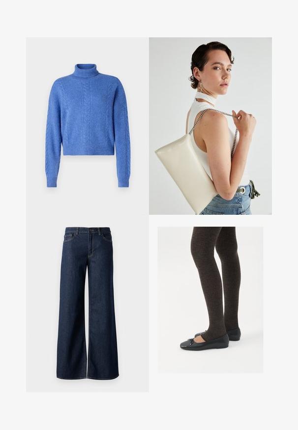Maglione blu accorciato con colletto alto, caratterizzato da motivi a maglia texturizzata e polsini a coste. Realizzato in materiale morbido e caldo.; Jeans a gamba larga in denim blu scuro. Presentano cuciture a contrasto, cinque tasche e una chiusura con bottone in vita. Texture morbida.; Scarpe nere a flat con un piccolo fiocco sulla punta, abbinate a collant a coste marrone scuro. Le scarpe hanno una texture liscia e un profilo basso.; Borsa a pochette rettangolare bianca realizzata in materiale lucido, con una tracolla in catena argentata. Il modello posa, mostrando la borsa su uno sfondo semplice.