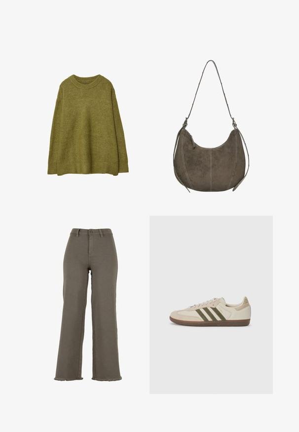 Olive zielony, oversize'owy sweter z dzianiny z prążkowanym okrągłym dekoltem i wykończeniem. Materiał ma miękką strukturę z subtelnym blaskiem. Luźny krój, długie rękawy.; Oliwkowe szerokie spodnie z denimu, z zapięciem na guzik, postrzępionymi brzegami i przednimi kieszeniami. Gładka struktura na całej powierzchni.; adidas Originals SAMBA OG UNISEX mleczny; Brązowa zamszowa torba hobo o zaokrąglonym kształcie, z kontrastowym przeszyciem, pojedynczym paskiem na ramię i suwakiem. Gładka tekstura całości.