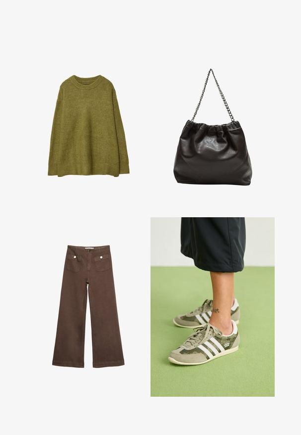 Olivově zelený oversized pletený svetr s úpletem pod krk a lemem. Materiál je měkký na dotek s jemným leskem. Volný střih, dlouhé rukávy.; Hnědé široké kalhoty vyrobené z bavlny, s dvěma předními kapsami a stříbrnými knoflíky, s hladkou texturou.; Zelené a šedé tenisky s třemi bílými pruhy, z bource a síťoviny, v nízkém provedení, s logem. Standardní gumová podrážka.; Hnědá kožená taška se sbíraným vrškem a řetízkovým popruhem. Hladký povrch s lesklým finišem a jemným švem na bocích.