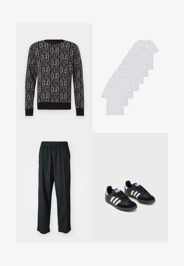 Mustast kudumist kampsun, millel on hallide tähtede ja kujundite korduv muster, ümar kaelus ning soonilised varrukaserval ja alläär.; Valge puuvillane T-särk, lühikeste varrukatega, ümar neel, ühtlane tekstuur, reastatud kuhjale, kaeluses peene brändinguga.; Mustad mustasport püksid elastse vöökoha ja sileda kangaga, millel on tagasihoidlik külgõmblus ning lõdvestatud lõige, sirge jala disain.; Mustad tossud, mille pealseks on seemisnahk ja sünteetilised materjalid, kolme valge triibuga, tekstureeritud kummitald ja sinine logo silt keele peal.