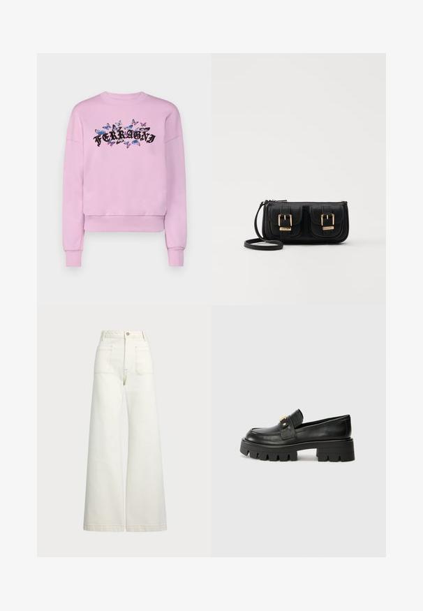 Rosa sweatshirt med lange ermer, ribbestrikkede mansjetter og rund hals. Har en svart "FERRAGNI" logo omgitt av fargerike sommerfugl-design.; Vidde bukser i off-white denim. Høyt liv-design med knappelukking, to frontlommer og kontrastsøm detaljer.; Sorte skinnloafers med en kraftig såle, med en gulltoneakcent foran og en jevn finish. Kraftig mønsterdesign på sålen.; Svart skinn crossbody veske med to frontlommer, gyldne spenner, glidelåslukking og en slank stropp. Teksturert overflate og kompakt rektangulær form.