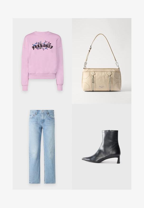 Rozā sporta krekls ar garām piedurknēm, ribotām aprocēm un apaļu kakla izgriezumu. Tam ir melns "FERRAGNI" logo, ko ieskauj krāsains tauriņu motīvs.; Gai zili džinsi ar taisnu piegriezumu, piecām kabatām, ar pogu un rāvējslēdzēju, un nedaudz nodilušu apdari.; Melnas ādas potītes zābaki ar norādītu pirkstu un elegantu dizainu. Iezīmē zemu papēdi un rāvējslēdzēja aizdari aizmugurē. Gluda tekstūra.; Bežs ādas rokassoma ar sudraba piederumiem, diviem sānu rāvējslēdzējiem, strukturētu dizainu un noņemamu siksnu daudzpusībai.