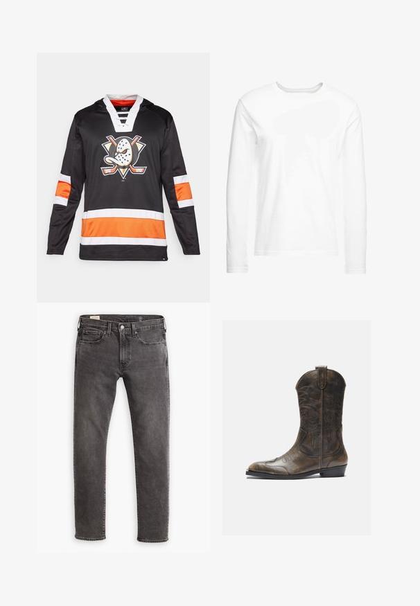 Juoda ledo ritulio marškinėliai su oranžinėmis ir baltomis juostelėmis. Yra su kapišonu ir ryškiu logotipu, kuriame pavaizduotas personažas, dėvintis vartininko kaukę.; Ilga rankovė balta marškinė, pagaminti iš minkštos medvilnės. Apvalus iškirpimas, tiesūs kraštai ir jokių matomų raštų ar grafikų.; Pilki džinsai su tiesiu kirpimu, penkių kišenių dizainu ir mygtukų užsegimu. Yra švelniai nudilę ir toniniu siuvinėjimu visame gaminyje.; Rudos odinės kaubojų botai su aukšta ašimi, smailiu pirštu, sudėtingomis siuvimo raštais ir mažu kulnu. Tekstūruotas paviršius visame ilgyje.