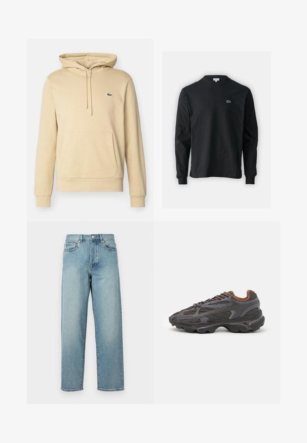 Beige huppari, joka on valmistettu pehmeästä kankaasta. Siinä on kengurutasku, ribbaustaskut ja pieni vihreä logo rinnassa.; Musta pitkähiha t-paita, joka on valmistettu puuvillasta. Paita on varustettu pyöreällä kaula-aukolla ja vasemmassa rinnassa on pieni vihreä brodeerattu krokotiililogo.; Vaaleansiniset farkut, joissa on löysä malli, suorat lahkeet, viisi taskua ja nappikiinnitys vyötäröllä. Minimalistinen ommel yksityiskohta.; Lacoste-tennar i mörkgrått med nät- och syntetmaterial, med en texturerad sula och bruna accenter på kragen och märket.