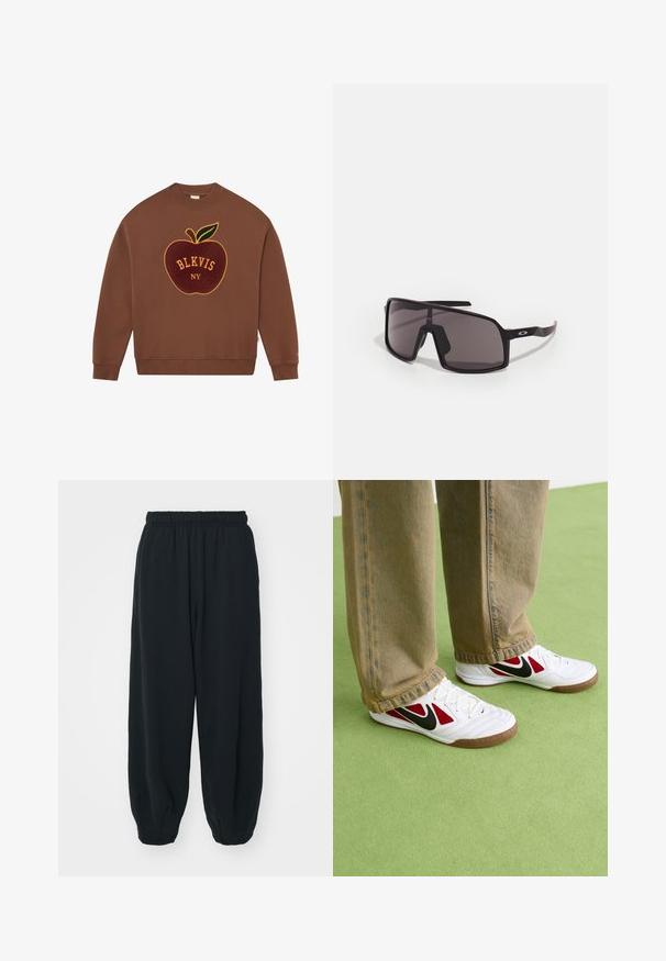 BLKVIS BIG APPLE CREWNECK - Collegepaita - carafe; Mustat, elastisella vyötäröllä varustetut collegehousut, joissa on löysä istuvuus, cuffattu lahje, sileä pinta ja ilman näkyviä kuvioita tai varusteita.; Valkoiset Nike-tennarit, joissa on punaisia ja mustia yksityiskohtia, tekstuurinen pinta ja ruskea kumipohja, käytettynä vaaleanruskeiden farkkujen kanssa.; Mustat suorakulmaiset aurinkolasit tummilla linsseillä, leveällä kehykellä ja hoikilla mustilla varsilla. Temppeleissä logo. Sujuva pinta.