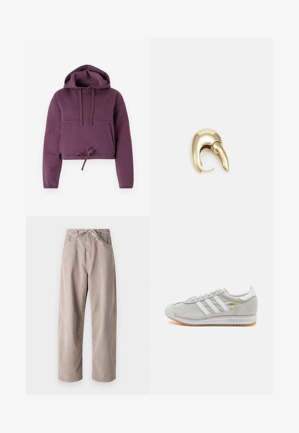 Zkrácená mikina s kapucí v sytě fialové barvě, vyrobená z měkké tkaniny. Obsahuje stahovací šňůrku na spodním lemu, přední kapsu a vyražené logo na jednom rukávu.; Béžové kordové kalhoty s volným střihem, se šňůrkovým pasem, dvěma předními kapsami a vertikálně proužkovanou texturou.; Světlé šedé tenisky vyrobené z semiše a síťoviny, se třemi bílými pruhy, kulatou špičkou a gumovou podrážkou. Zlatý logo akcent u šněrování.; Náušnice ve zlatém tónu z kovu s elegantním zakřiveným designem. Vyznačují se jedinečným špičatým tvarem, lesklým povrchem a závěsem na kloub.