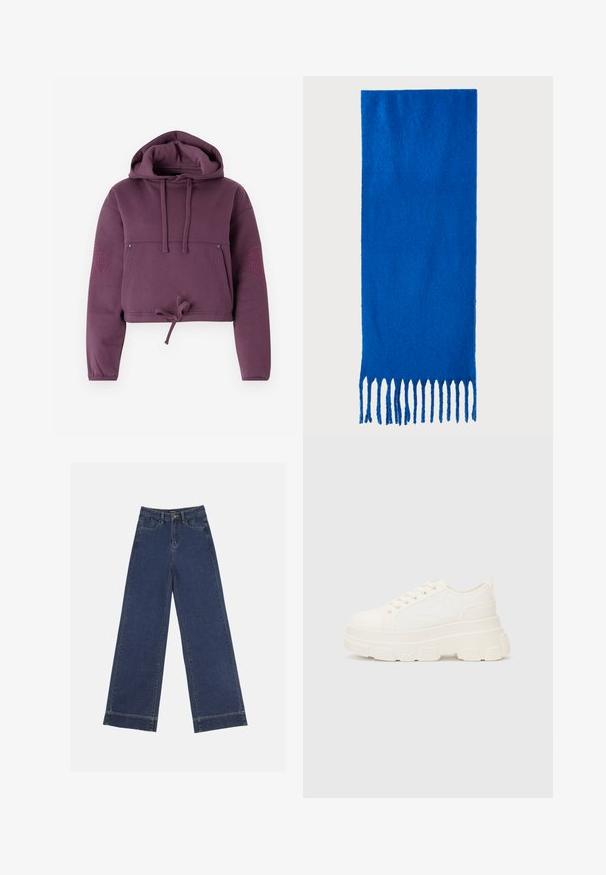 Croppped pullover hoodie in deep purple, made of soft fabric. Features a drawstring at the hem, front pocket, and embossed logo on one sleeve.; Wide-leg jeans in dark blue denim. Features five pockets, belt loops, and a raw hem at the bottom with visible stitching details.; White canvas sneaker with a chunky sole, rounded toe, and five eyelets for laces. Back tab for easy wear. Smooth texture, minimalist design.; Blue fringed scarf made of soft fabric; features a solid color with a textured surface and evenly cut fringe at the bottom.