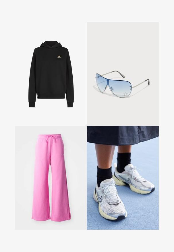 Sort hættejakke med kengurulomme, justerbar snor, og et trekantet flerfarvet logo på venstre brystområde. Blødt materiale.; Lyserøde bredbenede sweatpants lavet af blød bomuld, med en snor i taljen og et lille hvidt logo foran.; Hvide og sølv Nike sneakers med mesh-stof, reflekterende detaljer og en beige sål. Bæres med sorte sokker og står på en blå overflade.; Aviator-solbriller med gradient blå linser, sølvmetalramme og dekorative stjerneakcenter på linserne. Glat og strømlinet design.