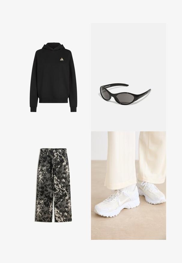 Zwarte hoodie met een kangoeroezak, verstelbare trekkoord en een driehoekige, meerkleurige logo op de linkerkant van de borst. Zacht materiaal.; Mid-rise wijde broek in een textuurpatroon van zwart-witte bloemen op een grijze achtergrond, met een klassieke tailleband en zijzakken.; Witte sport sneakers met een mesh ontwerp, textuurvlakken en ondersteunende zolen. Veters en subtiele merkdetails aan de zijkant.; Zwarte zonnebril met een ovale vorm en donkere lenzen. Slank plastic montuur met textuuraccenten op de armen. Merkaanduiding aan de zijkant.; Even&Odd Shopper - black