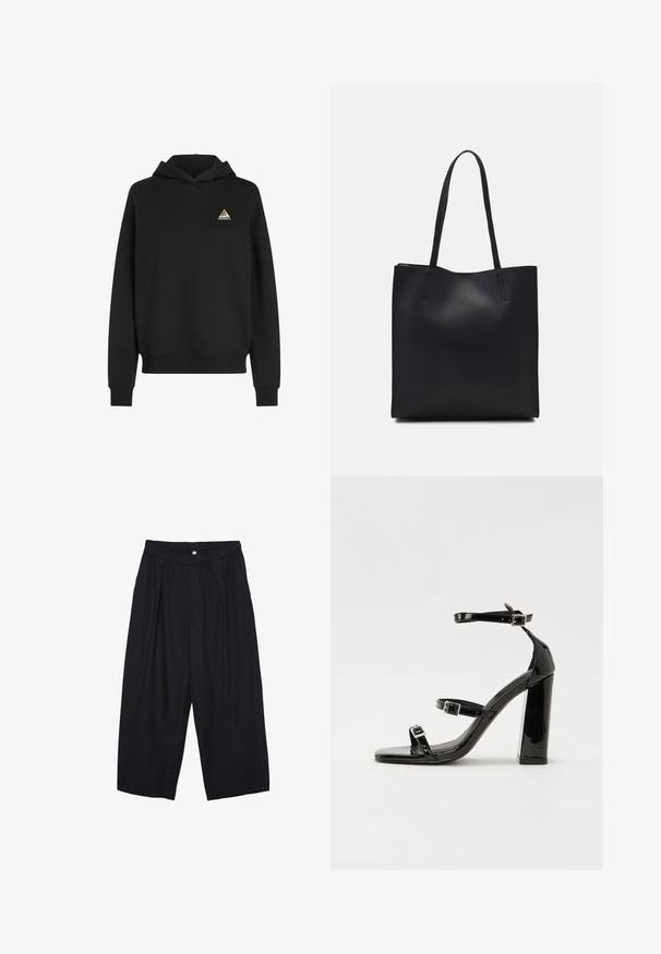 Črna kapuca z kenguru žepom, nastavljivo vrvico in trikotnim večbarvnim logotipom na levem prsnem delu. Mehak material.; Črne poliesterske culotte hlače z elastičnim pasom, dvema sprednjima nabiranjema in ohlapnim krojem. Brez vidnih vzorcev ali kovinskih detajlov.; Črne lakirane sandale s peto, kvadratnim prstom, trakovi okrog gležnja in srebrnimi zaponkami. Opremljene so s stabilno Debelo peto.; Črna usnjena torba s svilnato teksturo, pravokotne oblike in dvema dolgima ročajema. Brez vidnih metalnih delov ali okrasnih elementov.