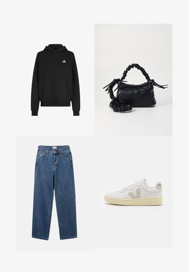 Mustern mustatooniga kärja poetega, reguleeritava tõmbluku ja kolmnurkse mitmevärvilise logoga vasakul rinnal. Pehme materjal.; Klassikalised sinised denimists teksad otsejalaga disainiga, viie taskuga ja nööbisuletusega. Omab keskmist pesu ja tugevat tekstuuri.; Valge nahast tenniseking, millel on beežist siidist aktsent ja aukudega varvas, lame paelad ja tekstureeritud koorevärvi tallad. Omab nüansirikast brändimist kannal.; Must must sünteetilisest nahast käekott, millel on krokodillimuster, kokku tõmmatav ülaosa ja kortsus rihm. Tundub pehme ja kompaktne disain.