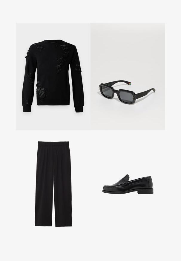 Černý svetr s dlouhými rukávy, zdobený opranými textilními akcenty a texturovanými náplety. Kulatý výstřih a měkký pletený materiál.; Černé široké kalhoty s skladaným předním dílem, bočními kapsami a hladkou texturou tkaniny. Navrženy pro pohodlný střih.; Černé kožené mokasíny s hladkým povrchem, prošíváním na špičce a nízkým podpatkem pro komfort a styl.; Černé obdélníkové sluneční brýle s tmavými skly, silnými rámy, zlatými akcenty a duhovým pruhovaným detailem na straně.
