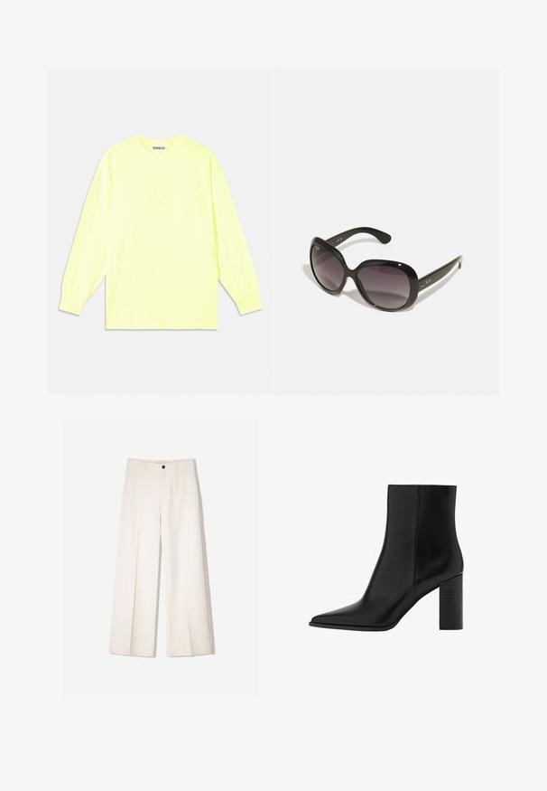 Langsleeve t-shirt in fel neon geel. Gemaakt van gladde stof, met een ronde hals en elastische manchetten. Merkennaam subtiel op de voorkant gedrukt.; Crème brede broek met een tailored ontwerp, voorzien van twee voorzakken en een enkele sluiting met een knop aan de voorkant, gemaakt van een gladde stof.; Zwarte leren enkellaars met een spitse neus, vierkante hak, een gladde textuur en stikdetails langs de naden. De hakken zijn ongeveer 8,9 cm hoog.; Zwarte zonnebril met oversized, ronde monturen. Lenzen verlopen van donker naar licht. Heeft een elegante, glanzende afwerking en subtiele logo-accenten op de pootjes.; Zwarte leren tote bag met twee lange handvatten, een zachte textuur en een gestructureerde vorm. Voorzien van een voorvak voor extra opslagruimte.