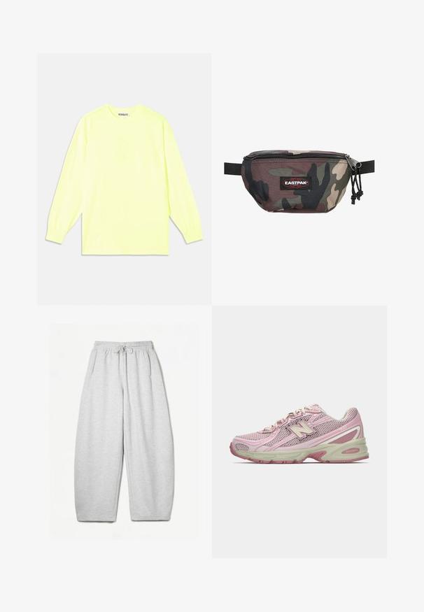 Koszulka z długim rękawem w jasnym neonowym żółtym kolorze. Wykonana z gładkiego materiału, z okrągłym dekoltem i elastycznymi mankietami. Nazwa marki subtelnie nadrukowana z przodu.; Jasnoszare dresy o luźnym kroju, z elastycznym pasem, sznurkiem i bocznymi kieszeniami; wykonane z miękkiego, teksturowanego materiału.; Różowo-beżowe sneakersy New Balance 740 z siateczkową i syntetyczną cholewką, sznurowanym zapięciem oraz amortyzującą podeszwą, przedstawione w profilu bocznym.; Camuflująca nerka wykonana z trwałego materiału, z zamkiem błyskawicznym, regulowanym paskiem oraz czerwoną naszywką z logo Eastpak z przodu.