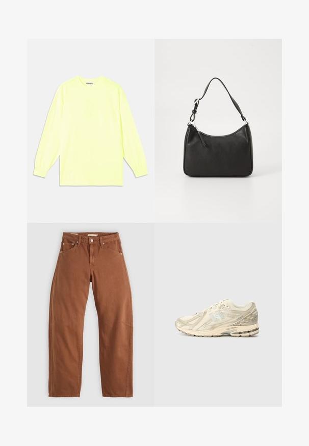 Long-sleeve t-shirt in bright neon yellow. Made of smooth fabric, features a crew neck and elasticized cuffs. Brand name subtly printed on front.; Rust brown straight-leg jeans with front and back pockets, metal rivets, button closure, and belt loops, laid flat on a white background.; Beige athletic sneaker with mesh upper, minimal accents, textured sole, and a subtle 'N' logo on the side. Lightweight design for comfort.; Black leather handbag with a curved shape, a single strap, zip closure, and subtle branding on the front. Smooth texture, minimalist design.