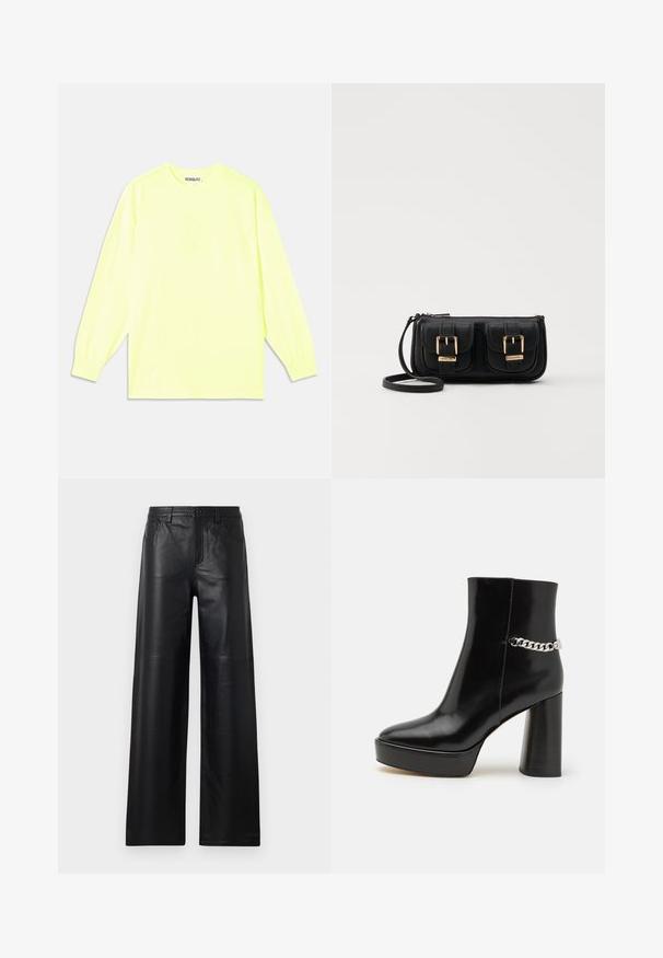Long-sleeve t-shirt in bright neon yellow. Made of smooth fabric, features a crew neck and elasticized cuffs. Brand name subtly printed on front.; Wide-leg black leather pants with a smooth texture, featuring front pockets, a button closure, and subtle stitching details.; Black patent leather ankle boot with a chunky platform and high block heel. Features a silver chain accent on the side. Smooth texture.; Black leather crossbody bag with two front pockets, gold buckles, zipper closure, and a slim strap. Textured surface and compact rectangular shape.