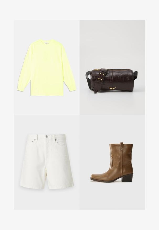 Dlhý rukáv tričko v jasnej neonovej žltej farbe. Vyrobené z hladkej textílie, s klasickým golierom a elastickými manžetami. Názov značky decentne potlačený na prednej strane.; Biele riflové šortky so rovnými nohavicami, päťbúchovým dizajnom, predným zapínaním na gombík, strieborným kovovým príslušenstvom a prešitými detailmi.; Hnedé kožené členkové topánky so štvorcovou špičkou, textúrovaným povrchom a nízkym vrstveným podpätkom. Obsahujú zadný úchyt a diskrétne prešívanie.; Hnedá taška z kože s embosovaným vzorom krokodíla, cylindrického tvaru, so zlatými hardvérovými doplnkami a odnímateľným popruhom so štítkami.
