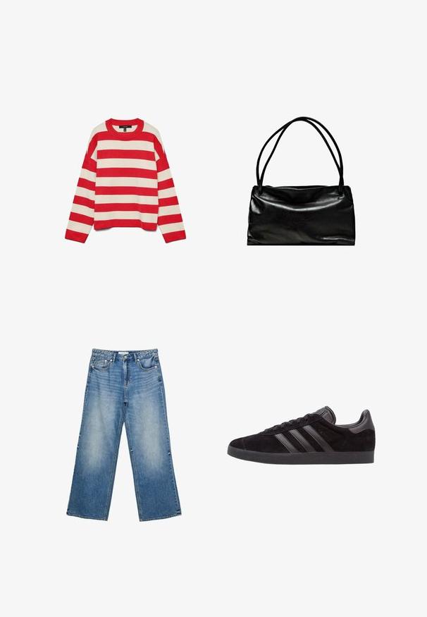 Rot- und cremegestreifter Pullover, Strickstoff, Rundhalsausschnitt, lange Ärmel, überschnittene Schultern, gerippte Bündchen und Saum, lockere Passform.; Hellblaue, weit geschnittene Jeans aus Denim mit einem hellen Waschung, fünf Taschen, einem Knopfverschluss und sichtbaren Nähten entlang der Nähte.; Schwarze Wildledersneaker mit strukturierten Gummisohlen, drei schwarzen Lederstreifen, abgerundeter Zehenpartie und gepolstertem Knöchelkragen.; Schwarze Lederhandtasche mit einer glatten Oberfläche, rechteckiger Form und zwei langen Griffen. Einfaches Design ohne sichtbare Beschläge oder Verzierungen.