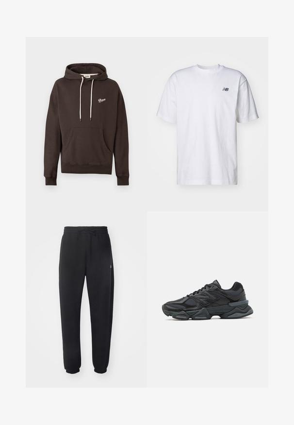 Tmavo hnedá mikina s kapucňou, predným vreckom, bielymi šnúrkami a malým bielym logom "Pompeii" na ľavej hrudi.; Biele tričko s krátkym rukávom a okrúhlym výstrihom s malým čiernym logom New Balance na ľavej hrudi na jednoduchom pozadí.; Čierne tepláky vyrobené z mäkkého materiálu s elastickým pásom, šnúrkou na stiahnutie a zúženými manžetami, s jemným logom na boku.; Čierna bežecká obuv so zmesou sieťoviny a syntetických materiálov, robustnou podrážkou, zakriveným dizajnom a výrazným logom na boku.