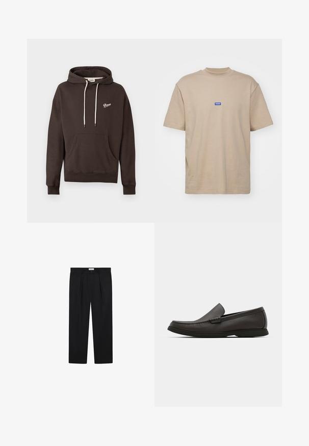Mørkebrunt hettegensere med frontlomme, hvite snorer og en liten hvit "Pompeii"-logo på venstre bryst.; Beige bomulls T-skjorte med høy hals, korte ermer, og en liten blå rektangulær logo med teksten "HUGO" på brystet.; Sorte skreddersydde bukser med frontfalter, rett bendesign og knappelukking. Stoffet ser glatt ut med en lett glans.; Mørkebrune lærloafers med rund tå, subtle syddetaljer og en lav gummisåle. Glatt tekstur med en fleksibel passform.
