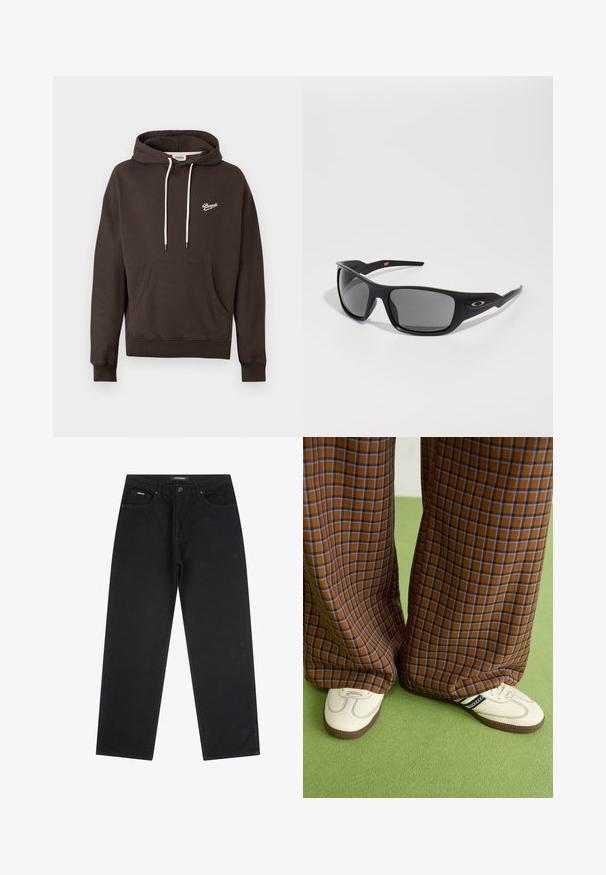 Temno rjav kapučen pulover z sprednjim žepom, belimi vrvicami in majhnim belim logotipom "Pompeii" na levem prsnem delu.; Črne naravnost rezane kavbojke z gumbom in zadrgo spredaj, z zankami za pas in petimi žepi, položene na belo ozadje.; Rjave in modre kariraste hlače širokih nogavic, v kombinaciji z belimi čevlji, ki imajo črne poudarke in teksturirane podplate, na zeleni podlagi.; Črne sončne očala pravokotne oblike, narejene iz trdne plastike, z sivo toniranimi lečami in zlatim poudarkom ob strani.