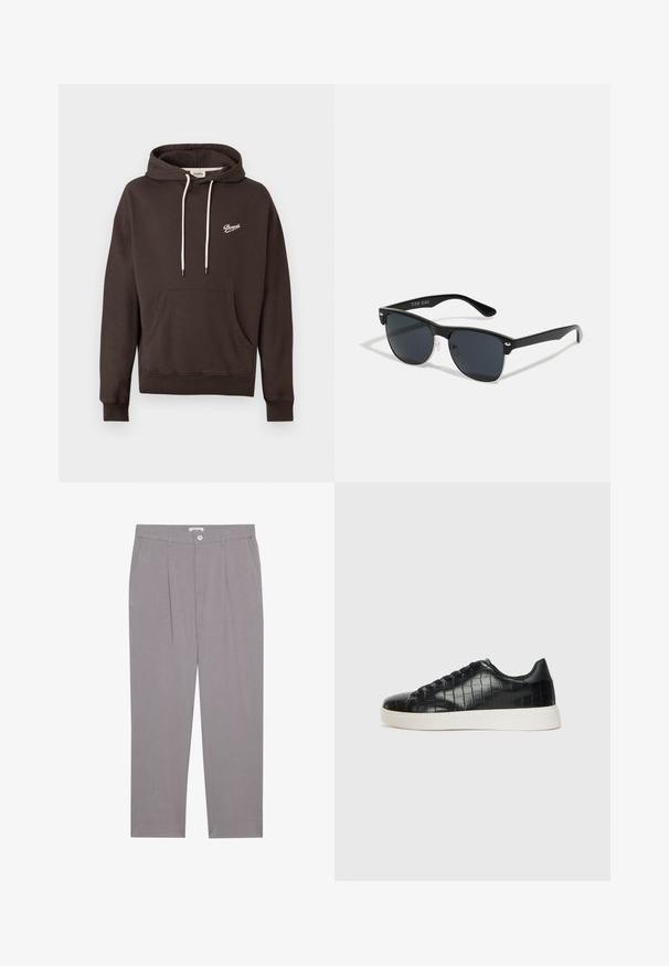 Sweatshirt capuz castanho-escuro com bolso frontal, cordões brancos e pequeno logotipo branco "Pompeii" no lado esquerdo do peito.; Calças cinzentas sob medida com corte reto, apresentando dois bolsos frontais, pregas e fecho de botão. Confeccionadas em tecido leve.; Tênis pretos com cabedal em couro texturizado com relevo de crocodilo, bico arredondado e sola de borracha branca em contraste, com acabamento suave.; Óculos de sol pretos com forma retangular, lentes escuras, detalhes em prata nas hastes e um acabamento mate na armação.