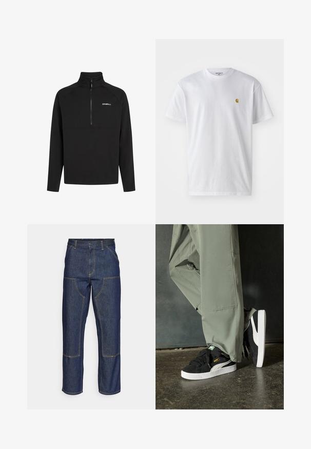 Černý svetr s vysokým límcem, částečným zipem a dlouhými rukávy. Disponuje elegantním designem s bílým logem "O'Neill" na hrudi.; Bílé bavlněné tričko s krátkým rukávem a kulatým výstřihem, s malým zlatým logem na levé straně hrudi. Měkká textura a klasický střih.; Tmavě modré džíny s vysokým pasem, rovnými nohavicemi, kontrastním šitím a nášivkami na přední straně.; Černé semišové tenisky s bílými gumovými podrážkami a bočními pruhy, spárované se světle zelenými cargo kalhotami, stojící na texturovaném tmavém povrchu.