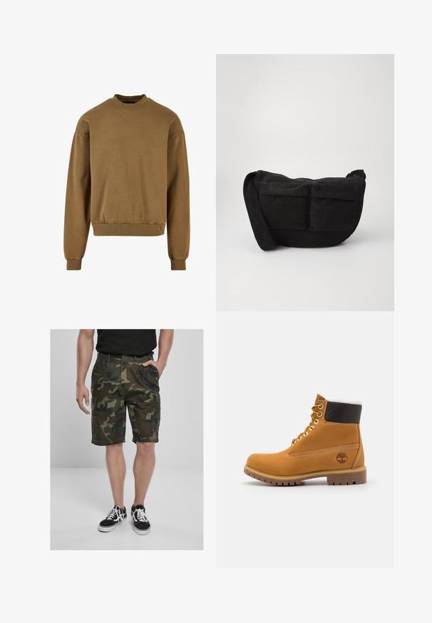 Sudadera marrón con cuello redondo, mangas largas y dobladillos acanalados. Confeccionada en una tela suave de textura lisa y un corte relajado.; Bermudas de camuflaje con bolsillos de carga, fabricadas en tela tejida en tonos verdes y marrones. Combinadas con zapatillas negras con cordones blancos.; Botín de cuero marrón con ojales de metal, forro de piel sintética blanca, cuello acolchado negro, suela resistente y logotipo en relieve en el costado.; Bolso bandolera de pana negra con correa ajustable, que cuenta con bolsillos frontales y una textura suave. Diseño compacto con detalles mínimos.