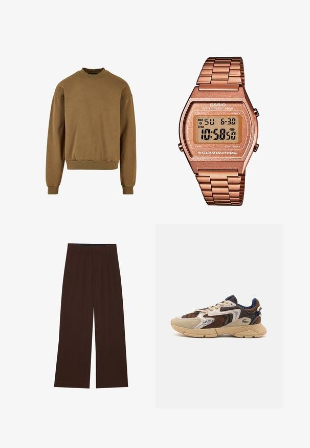Brun sweatshirt med rund halsringning, långa ärmar och ribbade fållar. Tillverkad av mjukt tyg med en slät yta och avslappnad passform.; Bruna vida byxor med veck. Tillverkade av ett mjukt tyg, med skräddarsydd midja och sidofickor. Slät fåll längst ner.; Beige och bruna sneakers med texturerade meshpaneler, mockadetaljer och gummisulor. Har snörningsdesign och varumärkesdetaljer.; Digital Casio-klocka med armband i roséguld, rektangulärt hölje, belyst display och vattentålighet, som visar tid och datum.