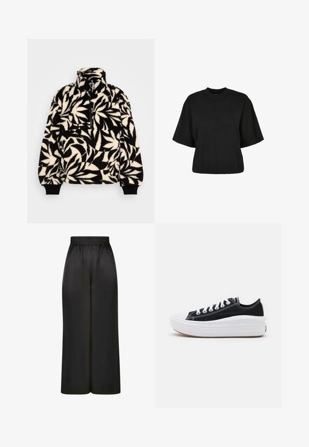 Black and cream fleece pullover with a high collar, half zipper, and a leaf pattern. Cuffs have black elastic bands for a snug fit.; Black cropped t-shirt made of cotton. Features short sleeves and a round neckline. Smooth texture with a simple design, no additional patterns.; Black wide-leg pants made of smooth, shiny fabric with an elastic waistband and no visible pockets or hardware details.; Black canvas sneakers with white laces, white rubber toe cap, and a chunky white midsole. Features subtle white stitching and a gum sole.
