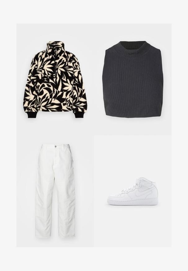 Mustavalkoinen fleece-poolo, jossa on korkea kaulus, puolivetoketju ja lehtikuvio. Hihoissa on mustat elastiset nauhat tiukkaa istuvuutta varten.; Lyhyttyynyt ribbipaita tummansinisenä, jossa on korkea kaula-aukko ja hienovarainen Nike-logon. Kankaan pinta on tekstuuri ja joustava.; Valkoiset cargo-housut, jotka on valmistettu denimi-materiaalista, rento istuvuus, sivutaskut ja näkyvät ompeludet. Yksinkertainen etuosa nappikiinnityksellä.; Valkoiset korkeavartiset tennarit, jotka on valmistettu nahasta. Tennareissa on pehmustettu kaulus, rei'itetty varvasosa, nauhat ja säädettävä nilkkaremmi; sivulla logo.