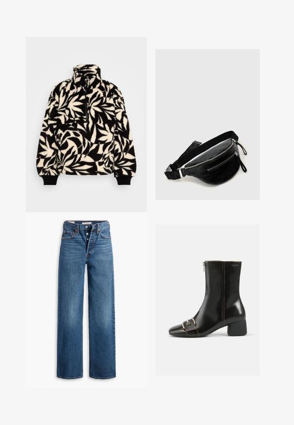 Mustavalkoinen fleece-poolo, jossa on korkea kaulus, puolivetoketju ja lehtikuvio. Hihoissa on mustat elastiset nauhat tiukkaa istuvuutta varten.; Siniset farkut, joissa on leveälahkeinen muotoilu, viisi taskua, nappikiinnitys ja erottuva ompelu. Teksturoitu kangas, jossa on haalistunut pinta.; Mustassa nahassa tehty nilkkuri, jossa on pyöreä kärki, sivuvetoketju ja hopeinen solkiyksityiskohta. Omistaa paksun koron ja kontrastiväriset saumat.; Musta nahkainen vyölaukku, jossa on kaksi vetoketjullista osastoa, teksturoitu pinta, säädettävä olkahihna ja hopeanväriset metalliosat.