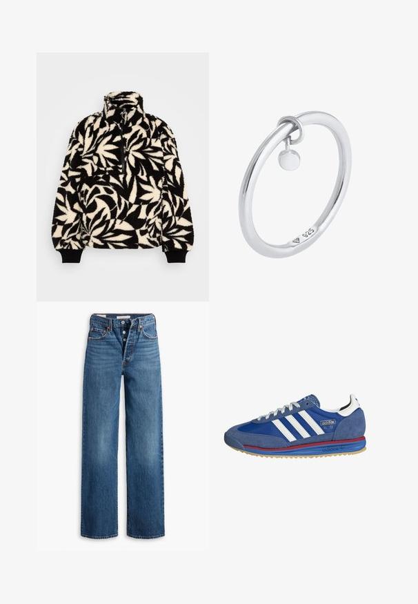 Melns un krēmkrāsas vilnas pulovers ar augstu apkakli, pusi rāvējslēdzēja un lapu rakstu. Piedurknes ir aprīkotas ar melniem elastīgiem siksniņām, lai nodrošinātu ciešu piegulšanos.; Zilas džinsu bikses ar plaša kāju dizainu, piecām kabatām, pogu aizdari un kontrastējošu šuvumu. Tekstūras audums ar nolietotu apdari.; Zili zamšveida sporta apavi ar baltām svītrām, sarkaniem un zilajiem akcentiem, kā arī gumijas zoli. Iezīmējas ar teksturētu audumu un klasisku sporta dizainu.; Sterling sudraba gredzens ar gludu, noapaļu dizainu. Tam ir neliels medaljons, kas pievienots ar cilpu. Iekšpusē ir zīme "925".