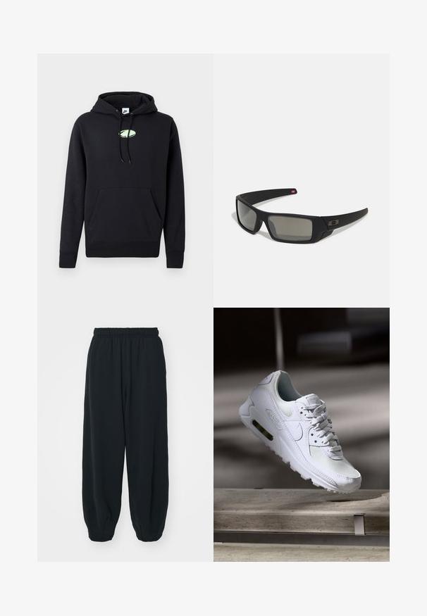 Hoodie preto da Nike com bolso canguru na frente, capuz com cordão e pequeno logotipo oval verde claro centrado no peito.; Calças de fato de treino pretas, com cintura elástica e um corte solto, com punhos nas pernas, textura suave e sem padrões visíveis ou detalhes de metal.; Sapatilha Nike Air Max 90 branca com parte superior em malha e couro, caixa de dedos perfurada e uma unidade de ar visível no calcanhar.; Óculos de sol pretos com acabamento mate, lentes retangulares, leve curvatura nas hastes, detalhe sutil do logo e lentes de cor fumada.