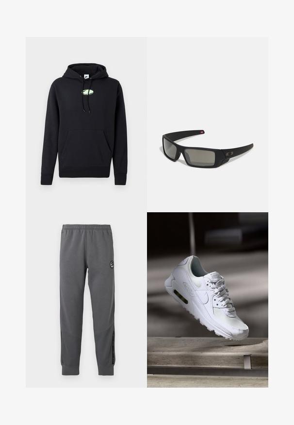 Černá mikina Nike s klokaní kapsou vpředu, kapucí na zavazování a malým světle zeleným oválným logem umístěným na hrudi.; Šedé tepláky z měkké látky s elastickým pasem, zúženými nohavicemi, bočními panely a kulatou nášivkou s logem.; Bílé tenisky Nike Air Max 90 s vrchním materiálem z textilu a kůže, perforovanou špičkou a viditelnou vzduchovou jednotkou v patě.; Černé sluneční brýle s matným povrchem, obdélníkové čočky, mírná křivka na spáncích, nenápadný detail loga a čočky s kouřovým zabarvením.