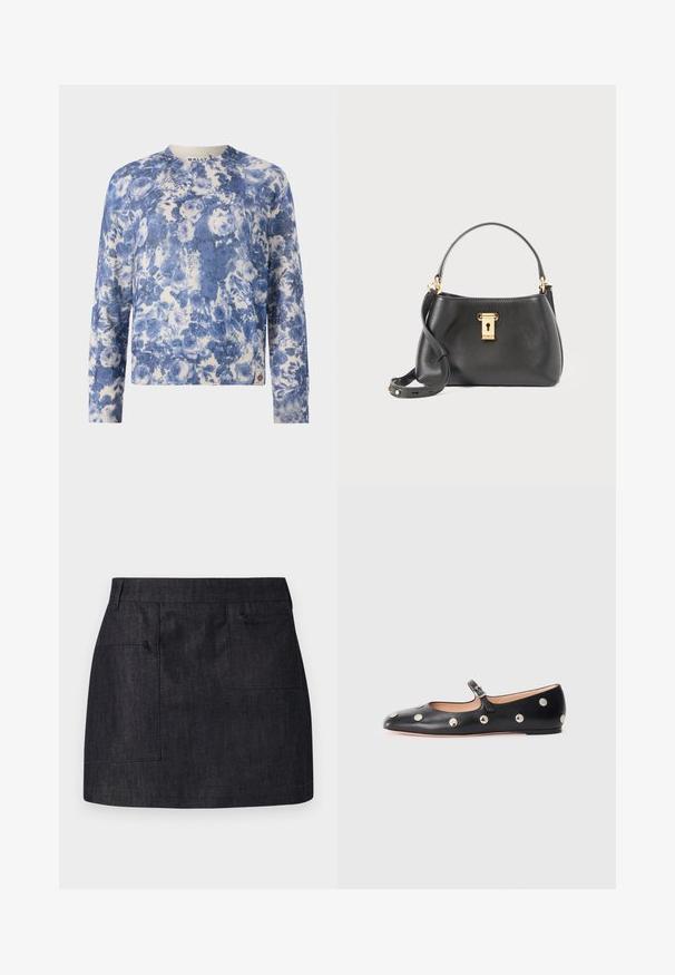 Blå og hvid blomster-mønstrede sweater, ribbede manchetter og kant, rund hals, lavet af blødt materiale, med et broderet logo i kanten.; Mørk denimnederdel med lige snit, der har to forlommer og en subtil tekstur. Ren kant og standard taljedesign.; Sorte læder Mary Jane flad sko med en rund tå, udstyret med sølvfarvede runde nitter og en justerbar rem med spænde.; Sort lædertaske med struktureret overflade, der har en guldlås som lukning, kort håndtag og en aftagelig skulderrem.