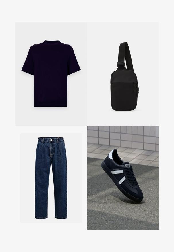 T-shirt a maniche corte di un profondo viola, realizzato in tessuto morbido. Presenta un colletto rotondo e bordi a coste all'orlo inferiore e ai bordi delle maniche.; Jeans in denim blu scuro con design a gamba dritta. Presentano cuciture visibili, una chiusura con bottone e pieghe frontali per un tocco di dettaglio in più.; Sneaker neri in pelle con strisce bianche, suola in gomma texturizzata e allacciatura frontale. Presenta un'etichetta con il marchio sulla linguetta.; Borsa a tracolla nera realizzata in tessuto resistente, con una singola tracolla regolabile, un compartimento principale con zip e una tasca frontale.